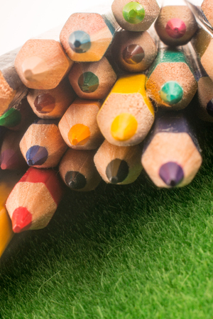 Color pencils scattered on green grassの写真素材
