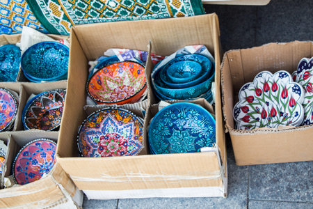 Traditional Turkish ceramic plates in bazaar