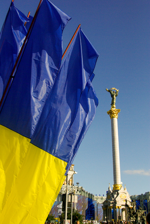 Independence square of capital city Kiev and Ukrainan flagのeditorial素材