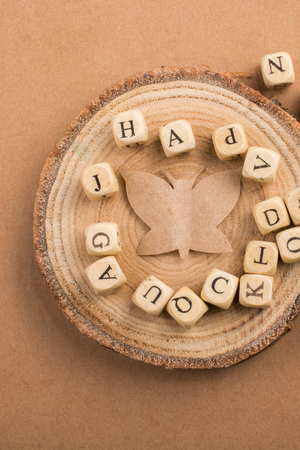 Letter cubes of made of wood around  paper butterflyの写真素材