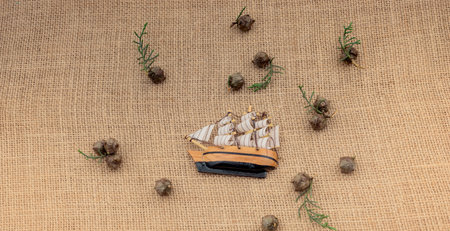 Hand made sail boat on  linen canvas with pods