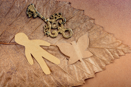 Retro key,  man and a butterfly cut of paper on a dry leafの写真素材