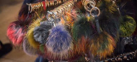 Set of the colorful  pompoms in the bazaarの写真素材