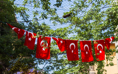 Turkish national flag in open air on a ropeの写真素材