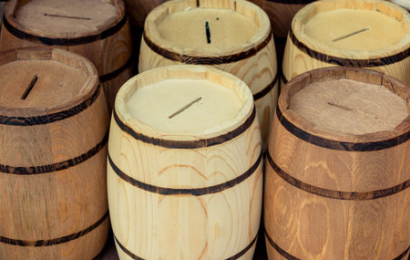 Barrels made of wood in a stock in view