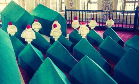 Rows of coffins in an ottoman turkish mausoleum tomb