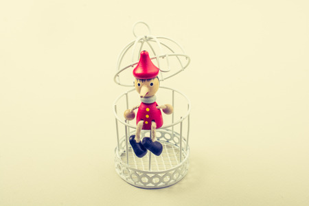 Metal cage and Little puppet pinocchio made of woodの写真素材