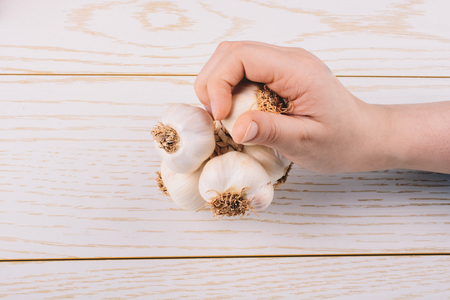 Hand holding cloves of garlic on a wooden textureの写真素材