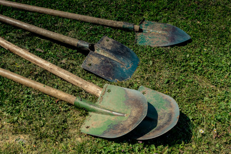 Metal shovel or garden spade in view