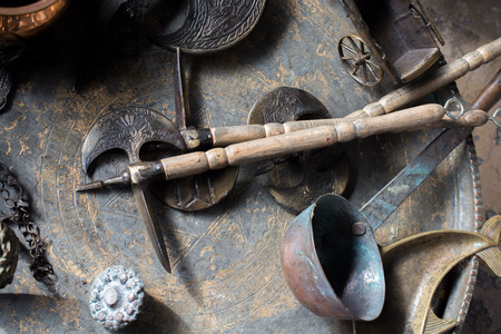 A steel medieval war axe in the viewの写真素材