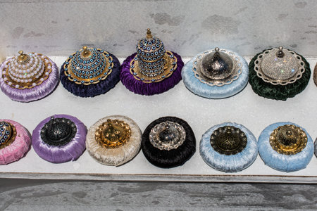 Handmade multicolor Turkish cups or plates in view in market