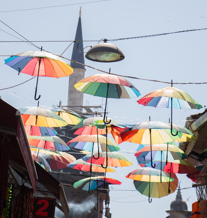 colorful umbrellas used in the sky street decorationのeditorial素材