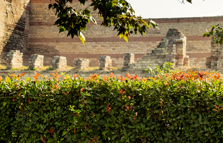 The ancient city walls of Constantinople in Istanbul, Turkeyの写真素材