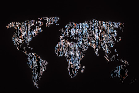Roughly outlined world map with a colorful background patternsの写真素材