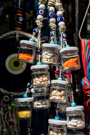 Beans, chickpeas, peas and garbanzos in small jars on displayの写真素材