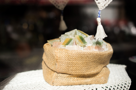 Delicious Turkish delight placed in a linen sackの写真素材