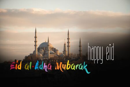 Muslim holiday festival of sacrifice, Happy Eid al-Adha mubarak wordingの写真素材