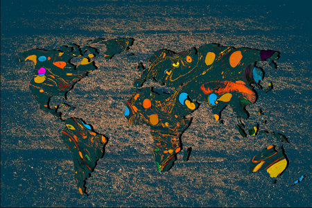Roughly outlined world map with a colorful background patterns