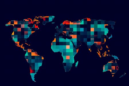 Roughly outlined world map with a colorful background patternsの写真素材