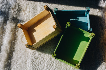 Colorful wooden crate boxes for sale in a market