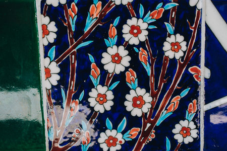 Ottoman style handmade turkish tiles with floral patterns in view