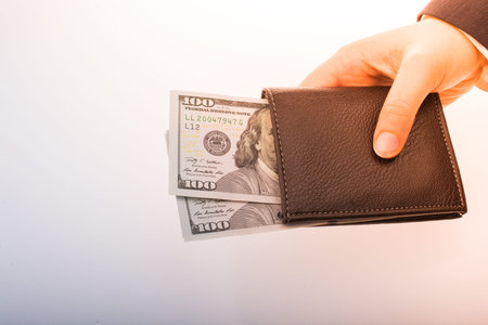 Businessman with dollar banknotes and  wallet on white background