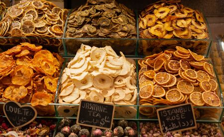 Various  dried Fruit as snacks in a Bazaarの写真素材