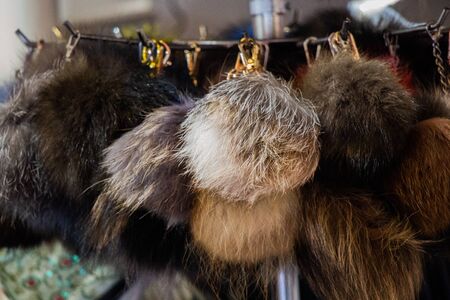 Collection of  fluffy pompons. The concept of touch, tactility, feelings.の写真素材