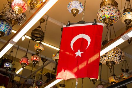 Turkish national flag with white star and moon in the viewの写真素材
