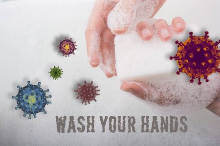 Color background of children's handprints. Multi colored hand prints.の写真素材