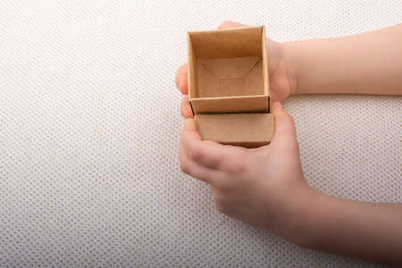 Hand holding a brown cardboard box on white backgrounds
