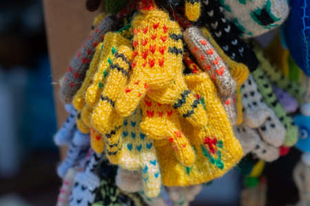 Turkish style traditional hand knitten socks in the viewの写真素材