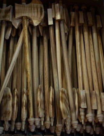 A wooden medieval war axe in the viewの写真素材