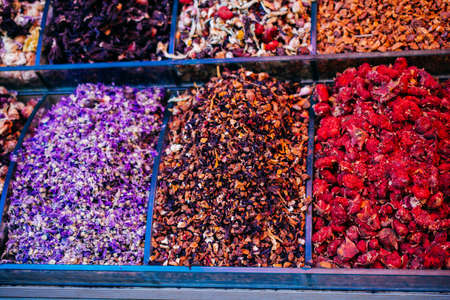 Market with different types of   tea , herbs, plants and dried flowersの写真素材