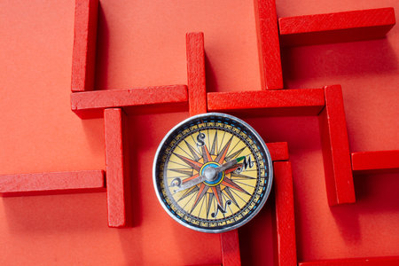 The concept of a business strategy, analytics, search for solutions. Labyrinth of colorful wooden...