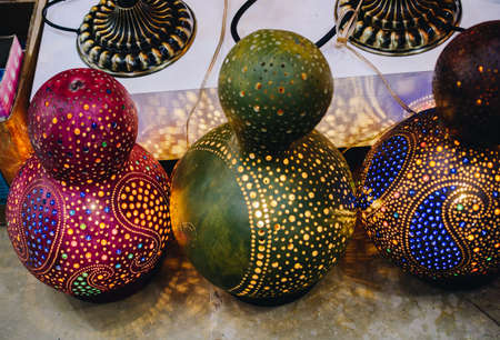Decorative handmade calabash in the Turkish market with lightの写真素材