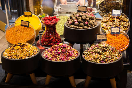Market with different types of   tea , herbs, plants and dried flowersの写真素材