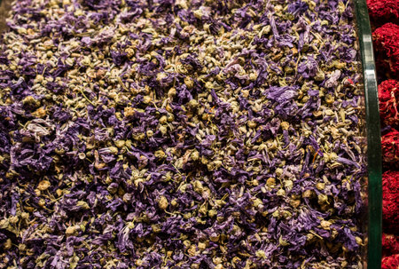 Market with different types of   tea , herbs, plants and dried flowers
