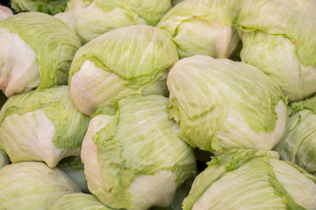 Group of green cabbages in a supermarket, Cabbage background, Fresh cabbage from farm field