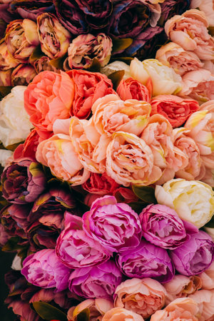 Floral art made of colorful artificial roses  in viewの写真素材