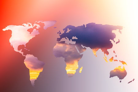 Roughly sketched out world map with sky and clouds fillingの写真素材