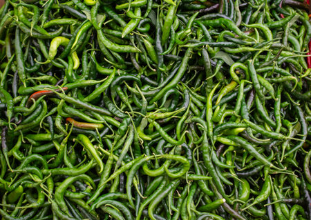 A Lot of green Chilli Peppers found as food background