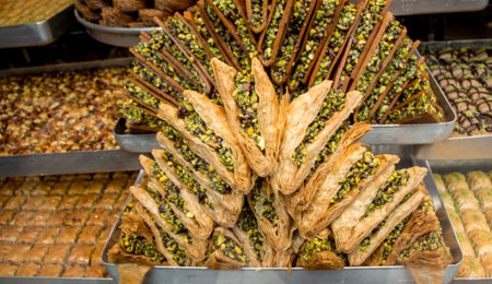Traditional Turkish dessert Baklava stuffed vith pistachio from Istanbul Turkey