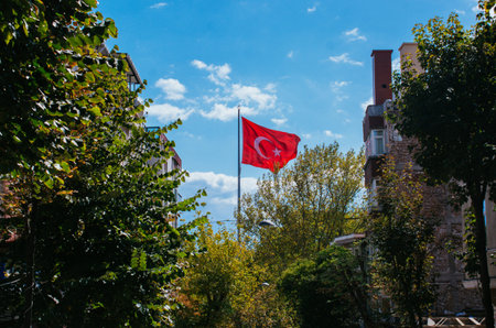 Turkish national flag with white star and moon on a pole in sky