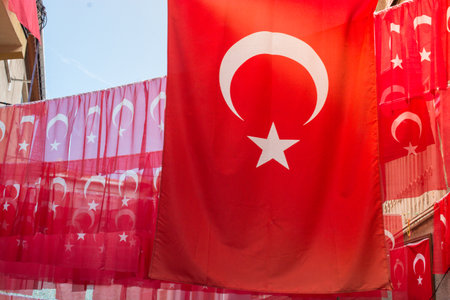 Turkish national flag in open air on a ropeの写真素材