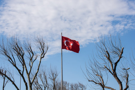 Turkish national flag with white star and moon on a pole in skyの写真素材