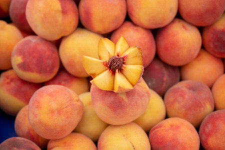 Background of peaches. Ripe and juicy peaches are sold at the farmersの写真素材