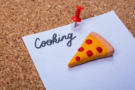 Piece of pizza Icon  and cooking word. Cooking concept