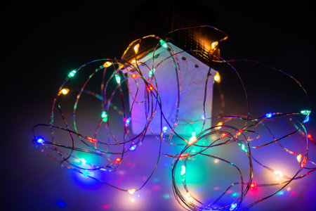 Small decorative model houses  in christmas lights