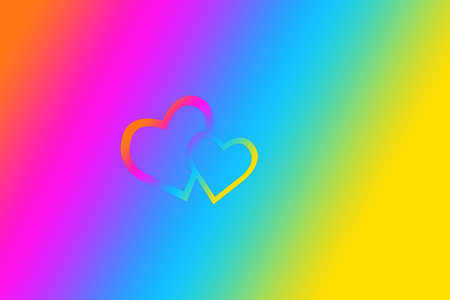 Two linked hearts. Connected red hearts with trendy background. Valentines, love, marriage conceptの写真素材